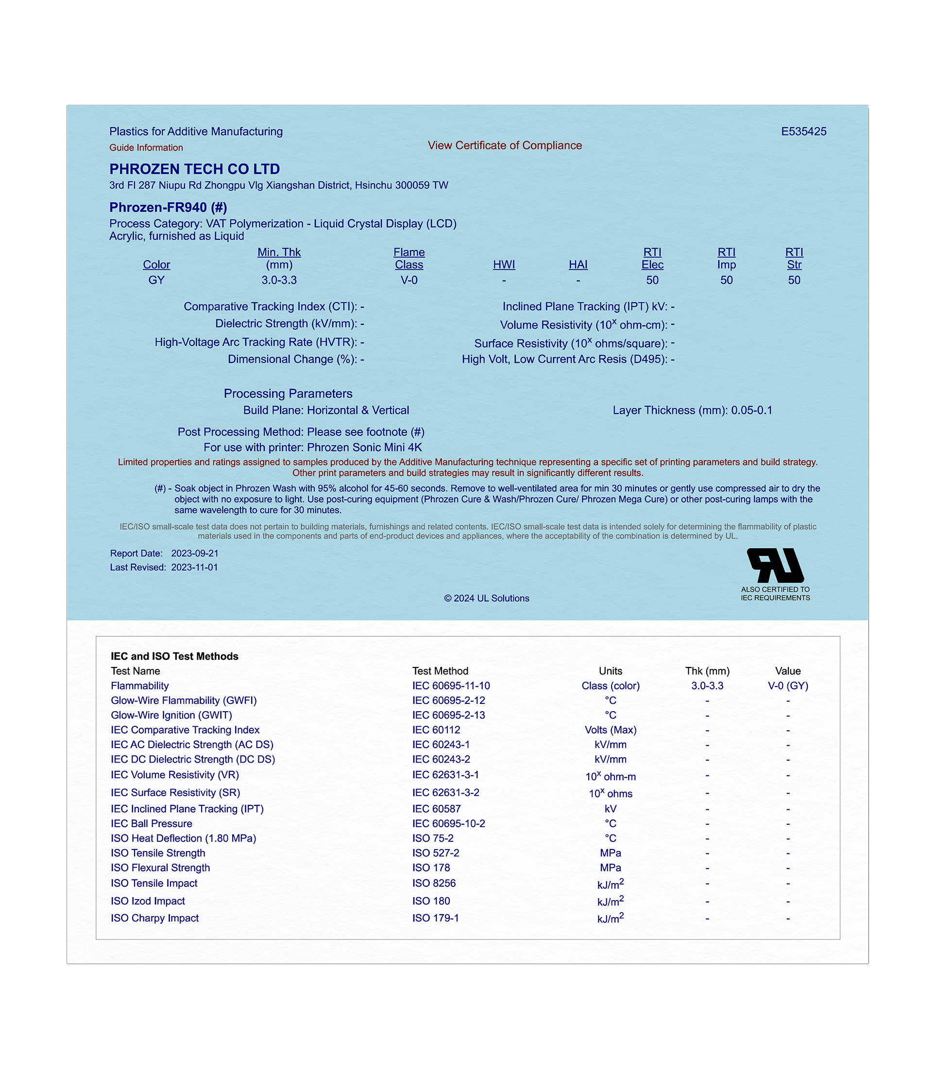 Phrozen Flame Retardant, FR940 3D Printing Resin